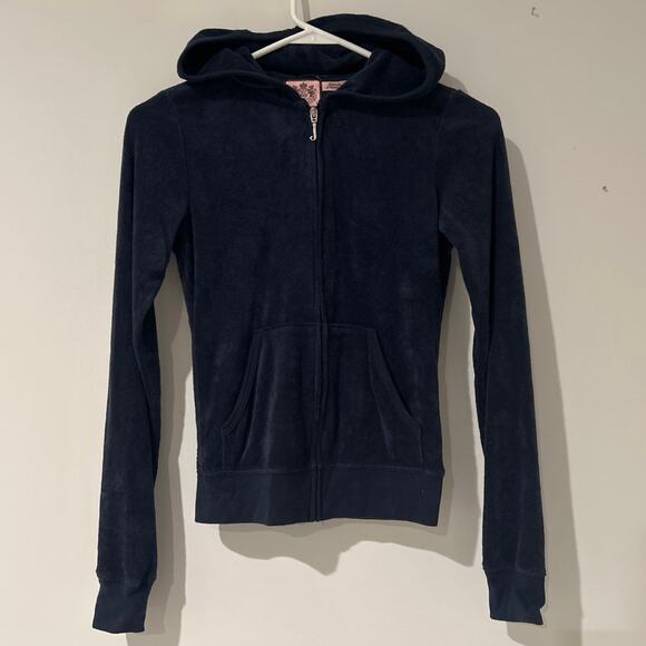 Juicy Couture Rare Terry Cloth Zip Hoodie Navy Blue Vintage P XS USA - Picture 1 of 3